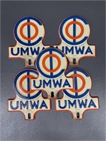 Five Vintage UMWA Embossed License Plate Topper