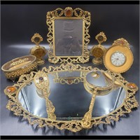 8Pc Vintage Ornamental Gold Plated Vanity Set