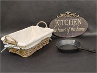 Small Iron Skillet, Kitchen Sign & Woven Basket