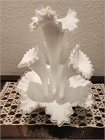 Vintage Milk Glass Silver Crest 4 Horn Epergne