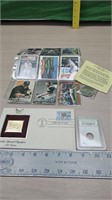 Stamp, cards, diamond crystal and coin
