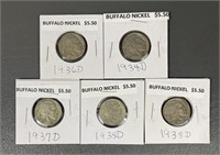 Five Buffalo Nickels Various Dates