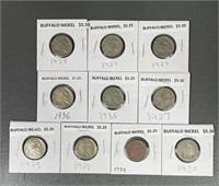 Ten Buffalo Nickels Misc Dates