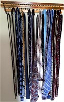 COLLECTION OF MENS NECK TIES & WOOD BAR HOLDER