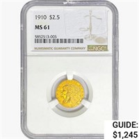 1910 $2.50 Gold Quarter Eagle NGC MS61