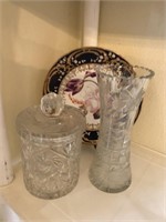 Early Coalport plate, Crystal biscuit jar & Vase