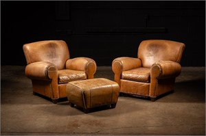 Leather Club Chair and Ottoman Set in Camel