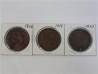 3 Large Cents 1810, 1819, 1843