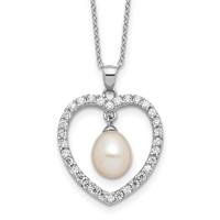 Sterling Silver FWC Pearl Crystal Heart Necklace