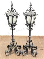 Pair Wrought Iron Free Standing Electric Lanterns