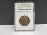 1852 U.S. BRAIDED HAIR LARGE CENT ANACS MS63RB
