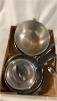 Metal pans, pot and bowl
