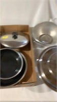 Metal pans, strainer, bowl