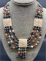 Carved Ivory & Multicolor Stones Necklace 18”