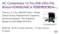 (1 pcs) AC Compressor 1.5 Ton 208-230v Fits