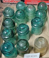 APPROX 13 BLUE AND CLEAR GLASS INSULATORS