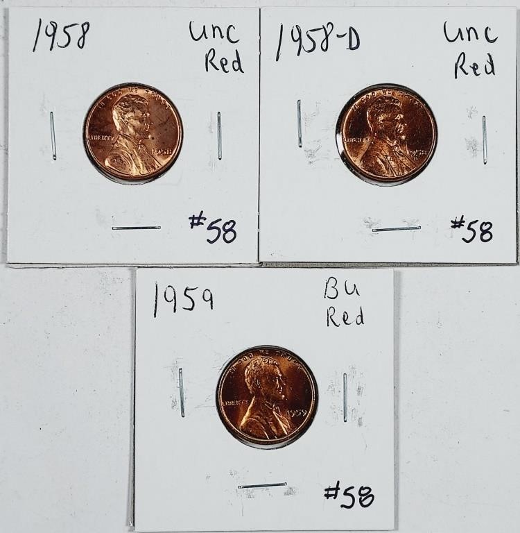 1958, 1958-D & 1959  Lincoln Cents  Unc Red