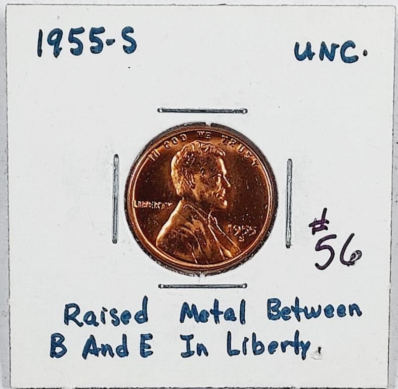 1955-S  Lincoln Cent  Unc  Raised metal in Liberty