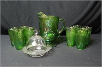 Green Glass Water Set and Glass Butter Dish