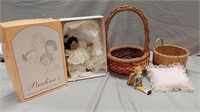 Porcelain doll, baskets & more