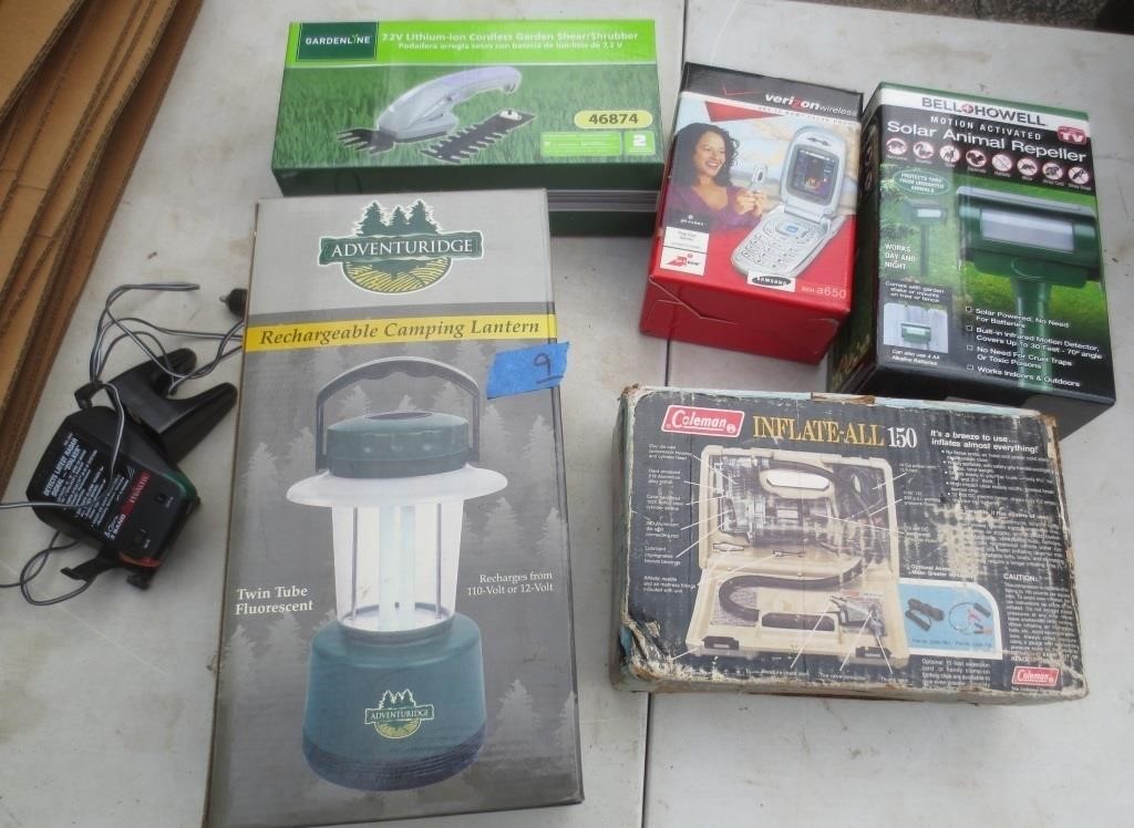 Camping lantern, Coleman inflator, misc.