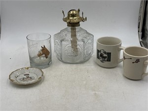 Oil lamp, Sonny’s halo glass, two coffee  mugs,