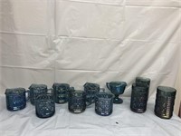 Group of carnival glass glasses and mugs