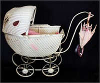 Vtg Wicker Baby Stroller 22"T