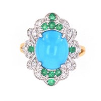 Turquoise Emerald & Diamond 18k Gold Ring