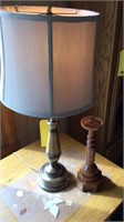 Lamp, Shade & Wood Candle Holder