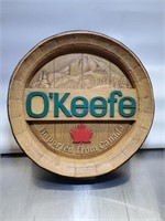 O'KEEFE OAK BARREL SIGN, 15.5"