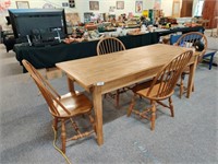 Handmade 76" long farm table + 4 oak chairs