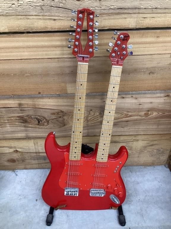 Double neck custom-made guitar with stand