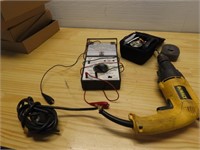 DeWalt drill, volt meter, Laser level.