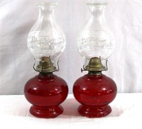 Pair "Home Sweet Home" Red Glass Oil Lamps
