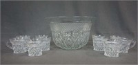Pressed Glass Punch Bowl and Ten Matching Cups