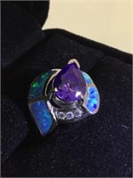 STERLING RING W/FIRE OPAL & PURPLE GEMSTONE, SIZE5