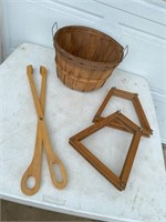 bushel basket, wooden grabbers & more
