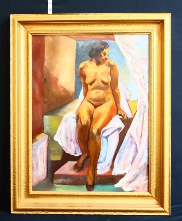 Vntg framed 29x23.5 nude art of lady sitting