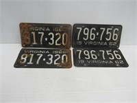 2 Pair VA License Plates 1960 + 1962