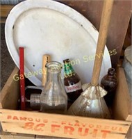Vintage wooden BC fruit box includes glass milk