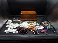 Wood Jewelry Box + Contents Necklaces & Beads