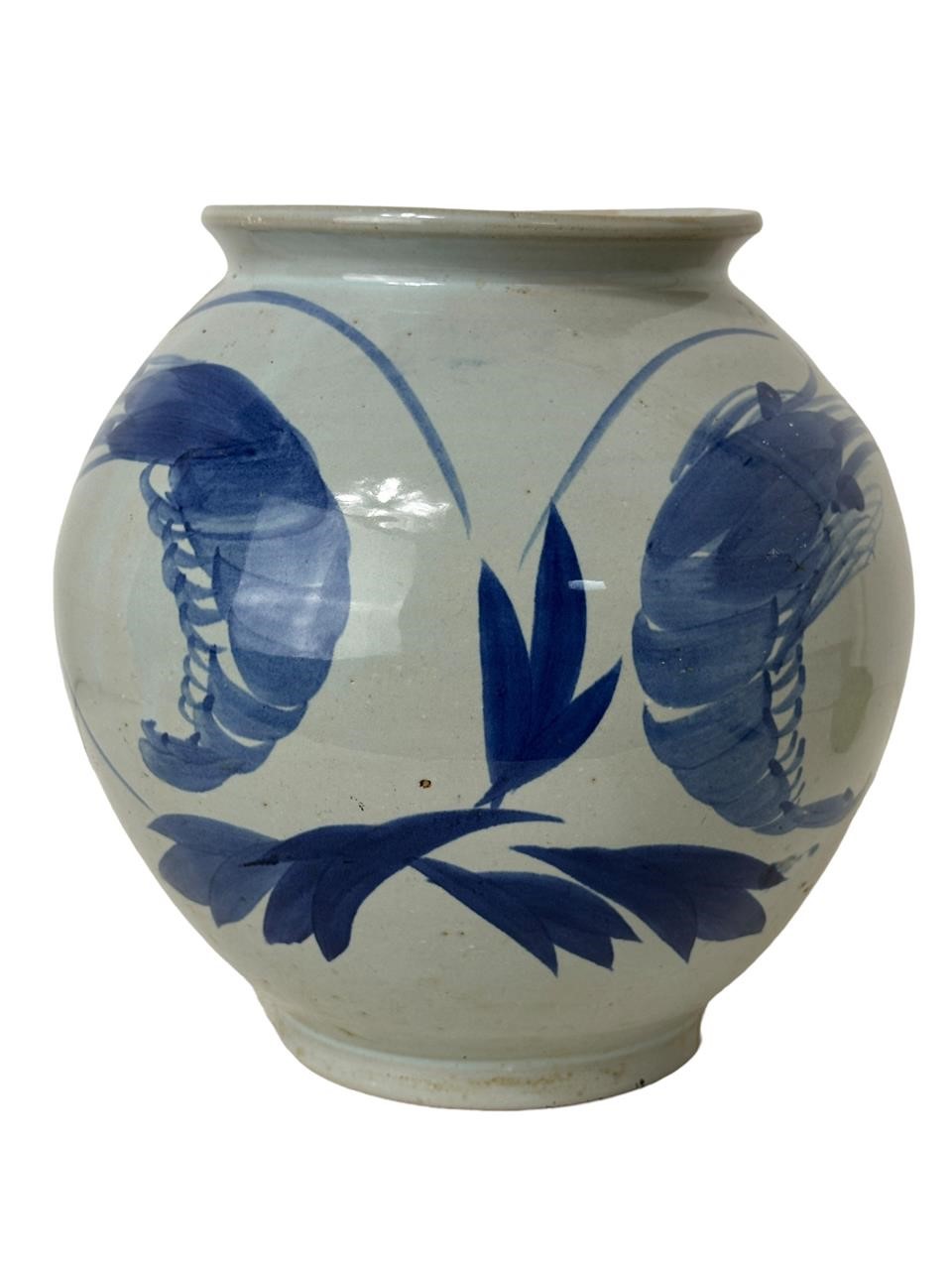 Antique Asian Blue & White Shrimp Jar
