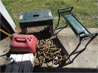2 garden stools,gas can,rope