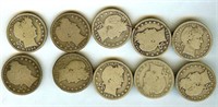 1894-1908 Barber 25c Nice Good 10pc Lot