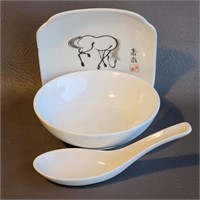 Porcelain Bowl w/Spoon & Handpainted Dish