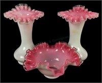 (3) Vintage Fenton Pink Art Glass Vases & Bowl