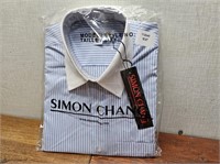 NEW Simon Chang Blue S/S Strip Mens Shirt Sz 15.5