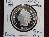 1 OZ .999 SILVER INDIAN PROOF GEM BU