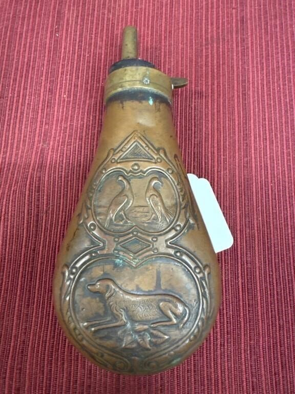 Black Powder Copper Flask in hunting dog motif.